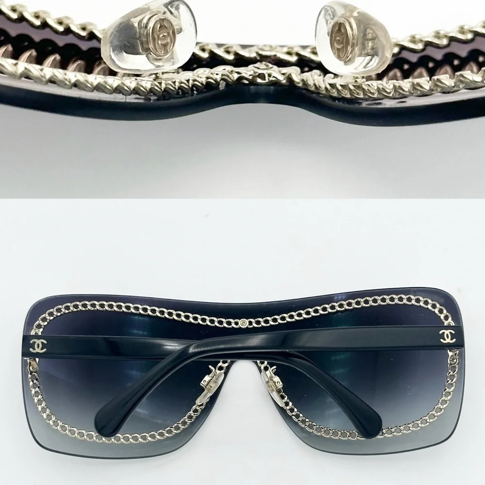 CHANEL Smoke Grey Black Sunglasses Gold Chain Detail Luxury Authentic Designer